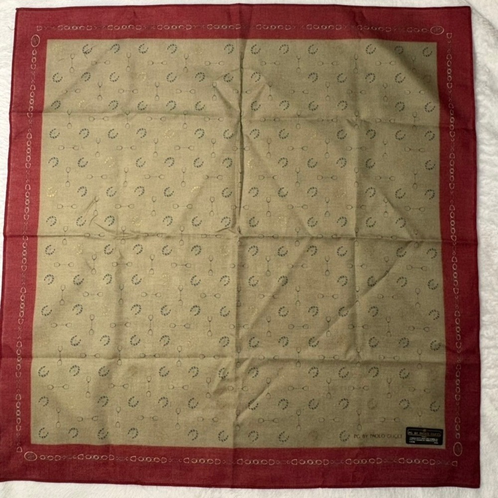 Vtg PAOLO GUCCI Scarf Handkerchief Equestrian Cotton Tan Burgundy 18"